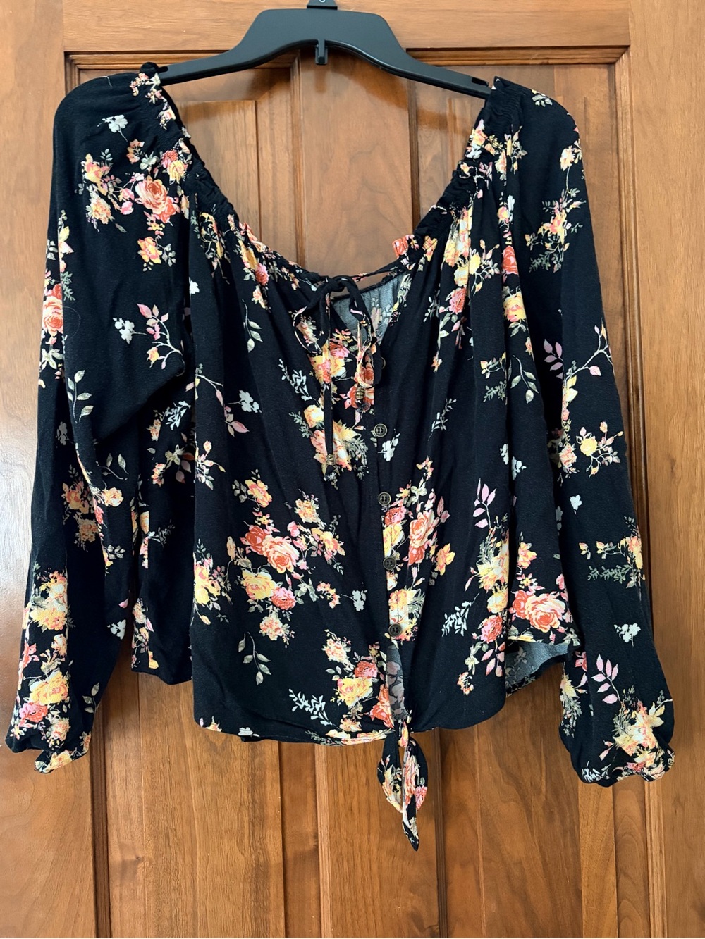 Rewind Black Floral Tie-Front Peasant Top